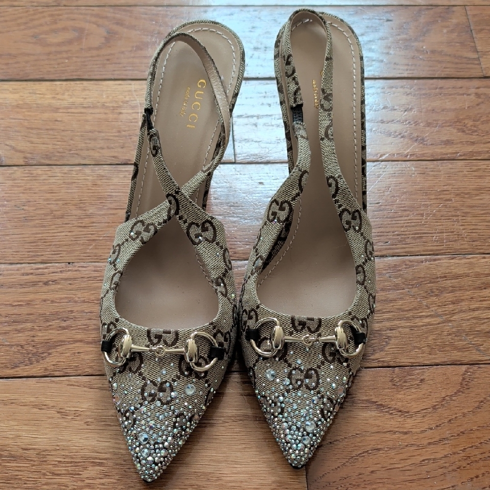 Gucci Women's Patterned Beige Slingback Heels